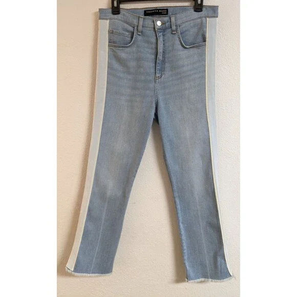 NEW~VERONICA BEARD Carly Kick Flare High Waisted Tuxedo Stripe Cropped Jeans 29 - Picture 2 of 16